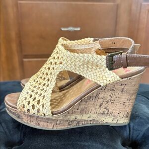 Jellypop Tan Straw Woven Cork Wedge Sandals